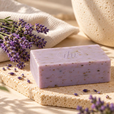 Sabonete lilás com texto ihr sobre pedra com flores de lavanda e tecido bege