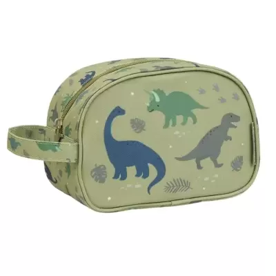 Necessaire verde com estampado de dinossauros coloridos e folhas com fecho zipper dourado