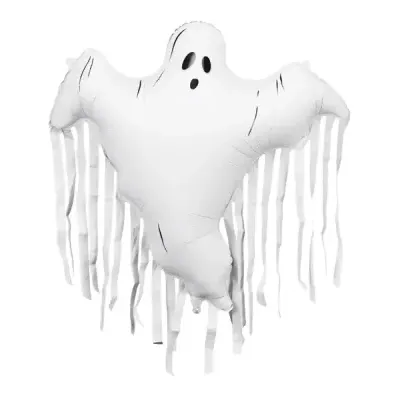 Balão fantasma branco com olhos pretos e franjas penduradas