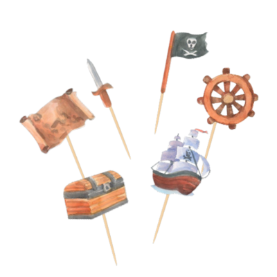 Set de toppers para bolos com tema pirata em madeira e papel colorido