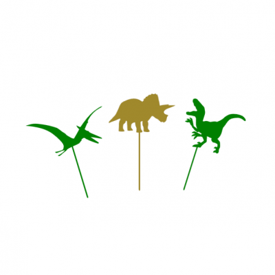 Espetos decorativos de dinossauros verdes e castanhos sobre fundo branco