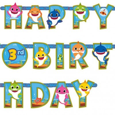 Decoração de festa com letras coloridas de tubarões para aniversário 3 anos