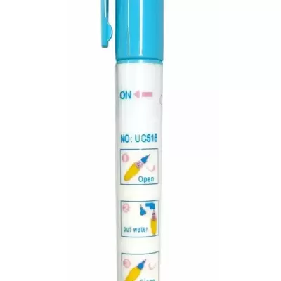 Caneta branca com tampa azul claro e instruções ilustradas