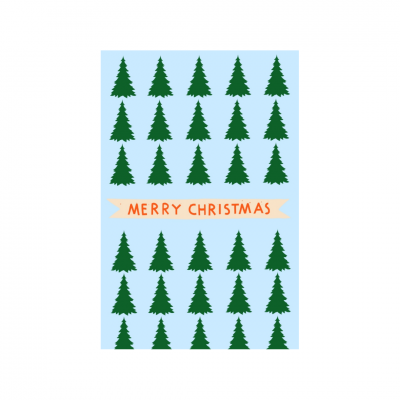 Cartão azul com árvores de Natal verdes e texto MERRY CHRISTMAS