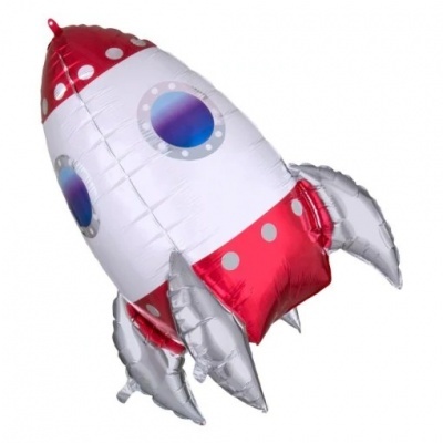 Balão metalizado em forma de foguete vermelho, branco e prateado