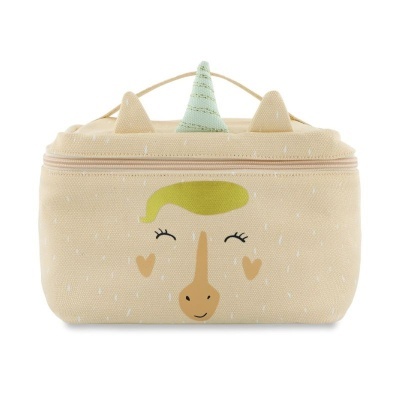 Bolsa bege com desenho de unicórnio, chifre e orelhas em relevo