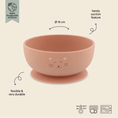 Taça rosa de silicone com ventosa e rosto de gato em relevo