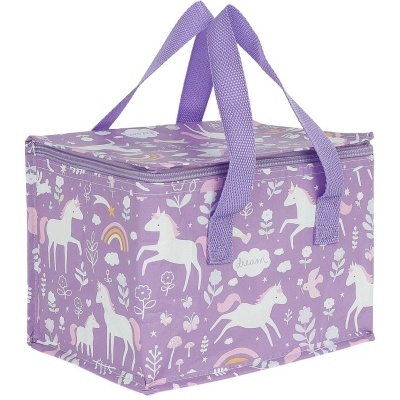 Bolsa térmica lilás com padrão de unicórnios e alças em nylon