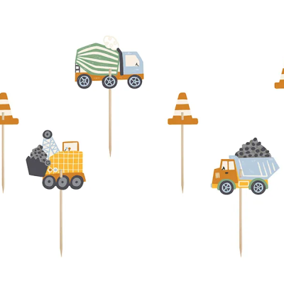 Palitos decorativos para bolos com tema de construção em cores amarelo, verde, cinzento e laranja