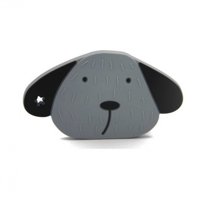 Porta-moedas em forma de cara de cão cinzento e preto com orelha preta e recorte de estrela