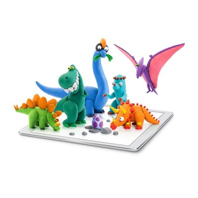 Figuras de dinossauros de massa de modelar coloridos em cima de um tablet branco