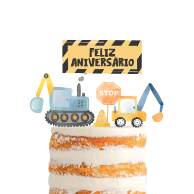 Bolo de aniversário com decoração de máquinas de construção e placa FELIZ ANIVERSÁRIO