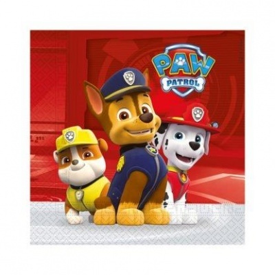 Três cães animados da PAW Patrol em fundo vermelho com o logo PAW Patrol