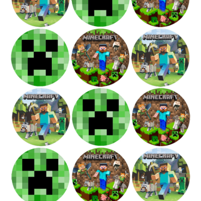 Doze círculos com imagens de personagens e elementos do jogo Minecraft.