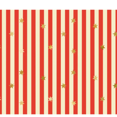 Papel de presente com riscas vermelhas e brancas e estrelas douradas