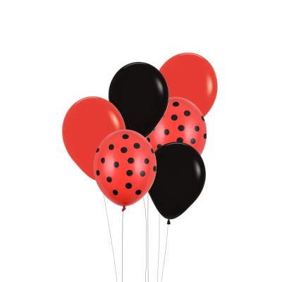 Seis balões de látex vermelhos e pretos com pontos pretos, isolados em fundo branco