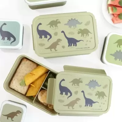 Caixas de almoço verde claro com dinossauros e comida dentro