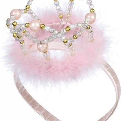 Tiara rosa com coroa de pérolas e penas cor-de-rosa