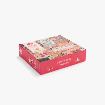 Caixa de puzzle vermelha ilustrada com cenas familiares e texto la grande famille.