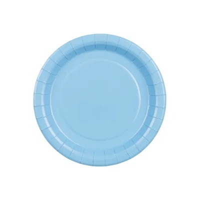 Prato descartável azul claro de papel com borda canelada