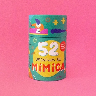 Embalagem cilíndrica colorida com texto 52 Desafios de Mímica