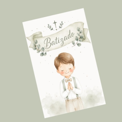 Cartão de batizado com ilustração de menino e texto Batizado