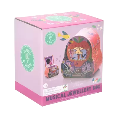 caixa musical para joias carruagem de abóbora cor-de-rosa com glitter e decoração de pássaros e flores