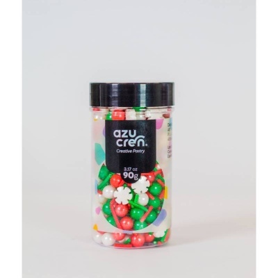 Frasco com confeitos coloridos para pastelaria com rótulo AZUCREM