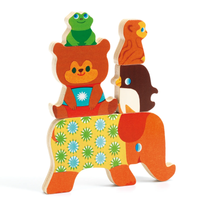 Brinquedo empilhável de madeira com figuras de animais coloridos