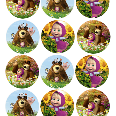 Figuras redondas com personagens animados de urso e menina em diferentes cenários floridos