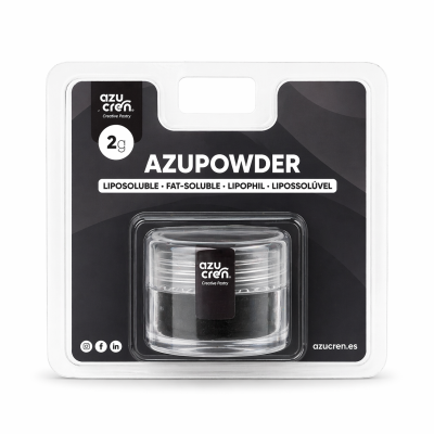 Embalagem plástica contendo frasco com pó AZUPOWDER 2g, texto informativo e ícones de redes sociais