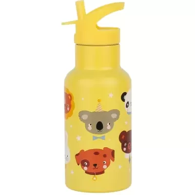 Garrafa amarela com desenhos de animais em estilo cartoon