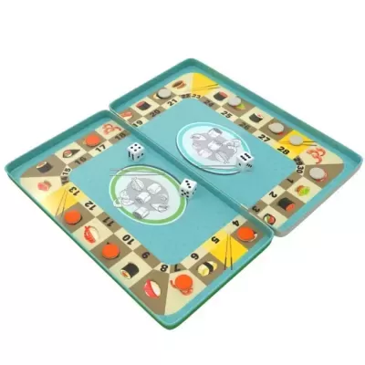 Jogo de tabuleiro de sushi com dados e fichas coloridas