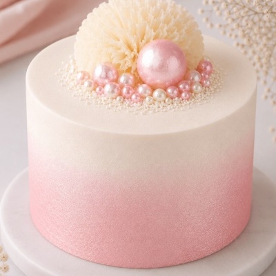 Bolo redondo com decoração de pérolas e esfera branca no topo, em tons de rosa e creme.
