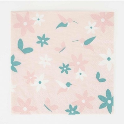 Guardanapo em papel com padrão floral rosa, branco e verde