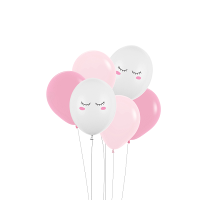 Seis balões rosa e branco, dois com olhos fechados desenhados.