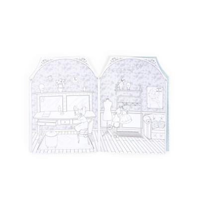 Ilustração em preto e branco de um quarto decorado com móveis, manequins e roupas, com papel de parede floral
