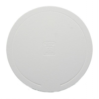 Capa redonda branca de papelão com ranhura e texto em relevo