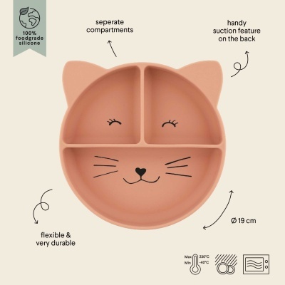 Prato de silicone rosa em forma de rosto de gato com ventosa e compartimentos