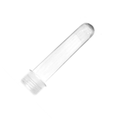 Frasco plástico transparente tubular com tampa rosqueável