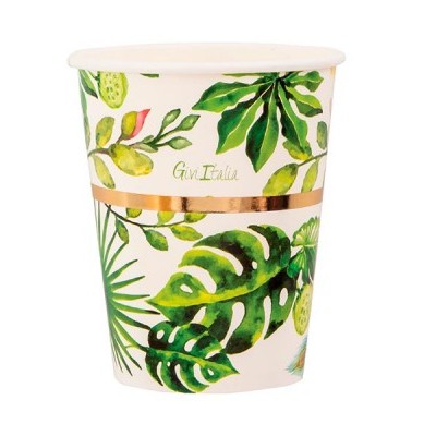 Copo de papel branco com decoração de folhas verdes e texto dourado