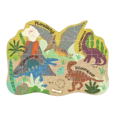 Puzzle infantil com dinossauros e texto dos nomes dos dinossauros
