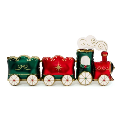 Comboio decorativo metálico verde, vermelho e dourado com chimenea e fumo estilizado
