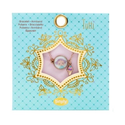 Pulseira colorida em embalagem azul claro com padrão e texto multilingue