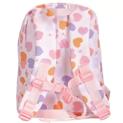 Mochila infantil rosa com corações coloridos e alças reguláveis