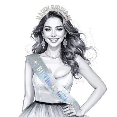 Mulher com faixa BIRTHDAY GIRL e coroa HAPPY BIRTHDAY em fundo branco