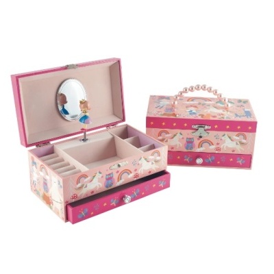 Caixa de joias cor-de-rosa com desenhos de unicórnios e espelho oval