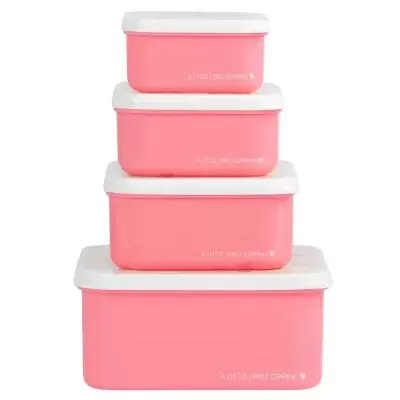 Conjunto de caixas de armazenamento quadradas cor-de-rosa com tampas brancas e texto branco