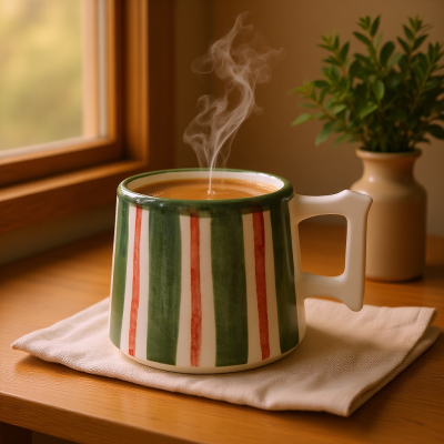 Caneca listrada com bebida quente sobre pano branco num tampo de madeira perto de janela e vaso com planta