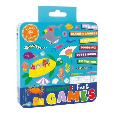 Caixa de jogos magnéticos com ilustrações marinhas e lista de jogos